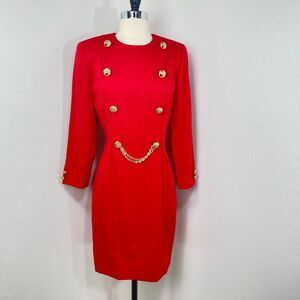 Vtg 80 Danny & Nicole Red Shift Dress 6 petite Gold Buttons Long Sleeves Modest